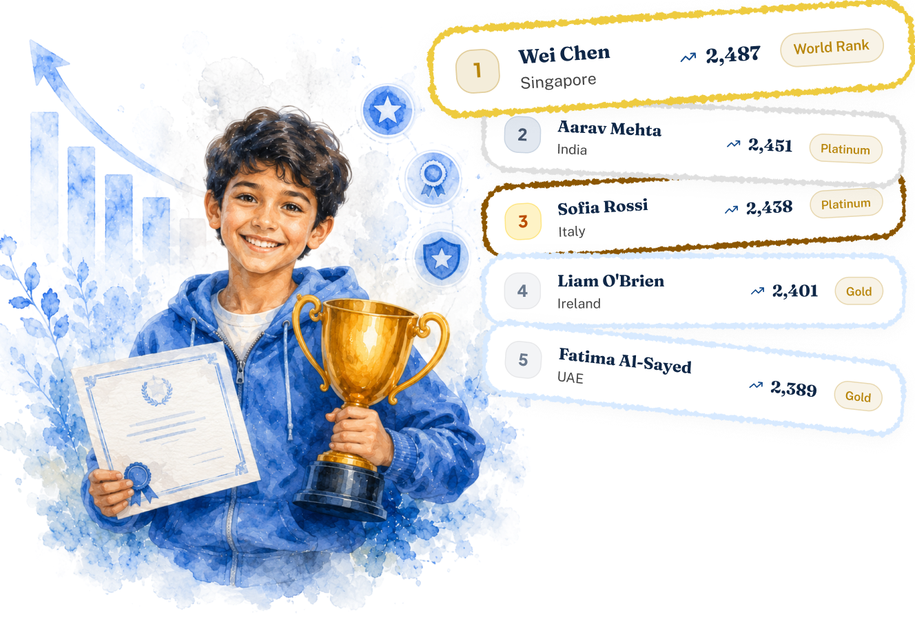 A young World Tech Olympiad champion holding a trophy and certificate