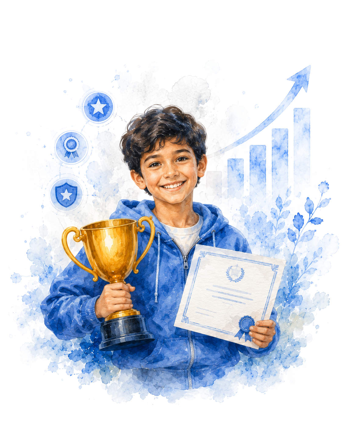 A student holding a trophy and a verifiable certificate